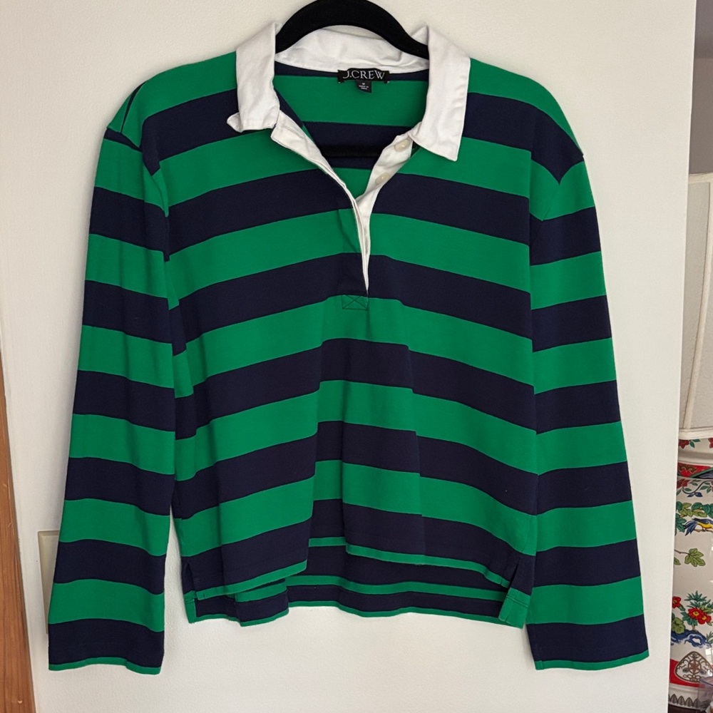 J. Crew Green and Navy Striped Cropped Rugby Polo